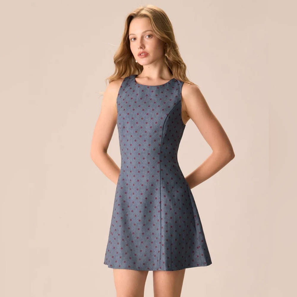 NWT RIHOAS The Grey Round Neck Polka Dot Mini Dress Sz S